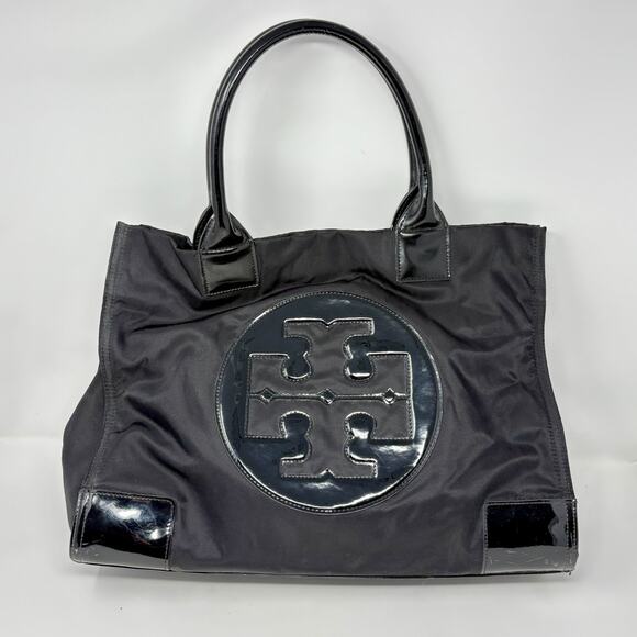 Tory Burch Black Nylon Patent Leather Logo Extra Large Handbag Ella Tote Bag - Picture 1 of 11